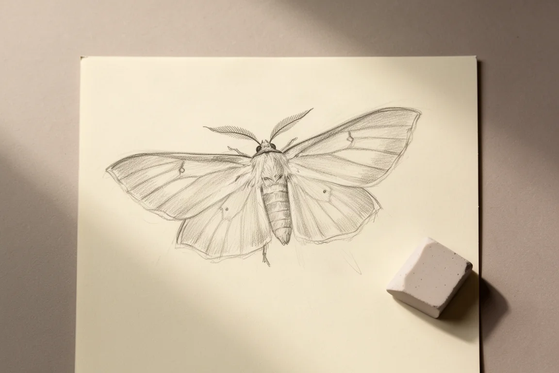 Boceto a lápiz de una polilla tomando forma sobre papel de dibujo crema liso