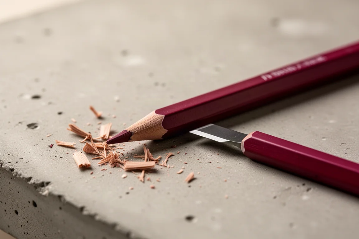 Lápiz de dibujo plano afilado junto a sus virutas de madera sobre un escritorio