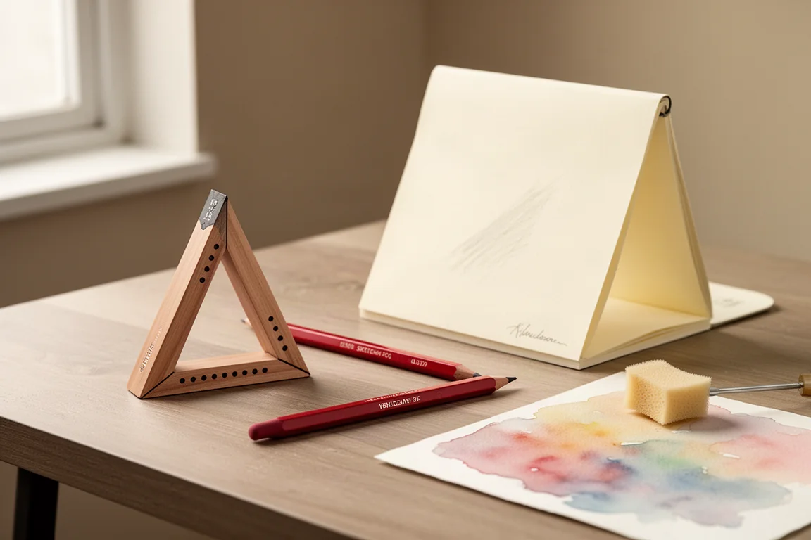 Matita da schizzo triangolare, matita rossa veneziana piatta e blocco da disegno su una scrivania in legno