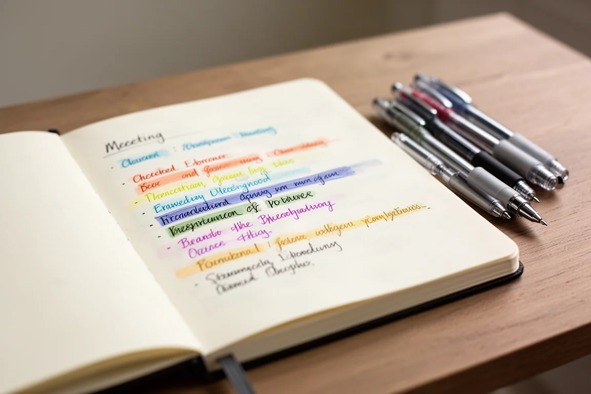 Open notebook page with notes color-coded in four ink colors