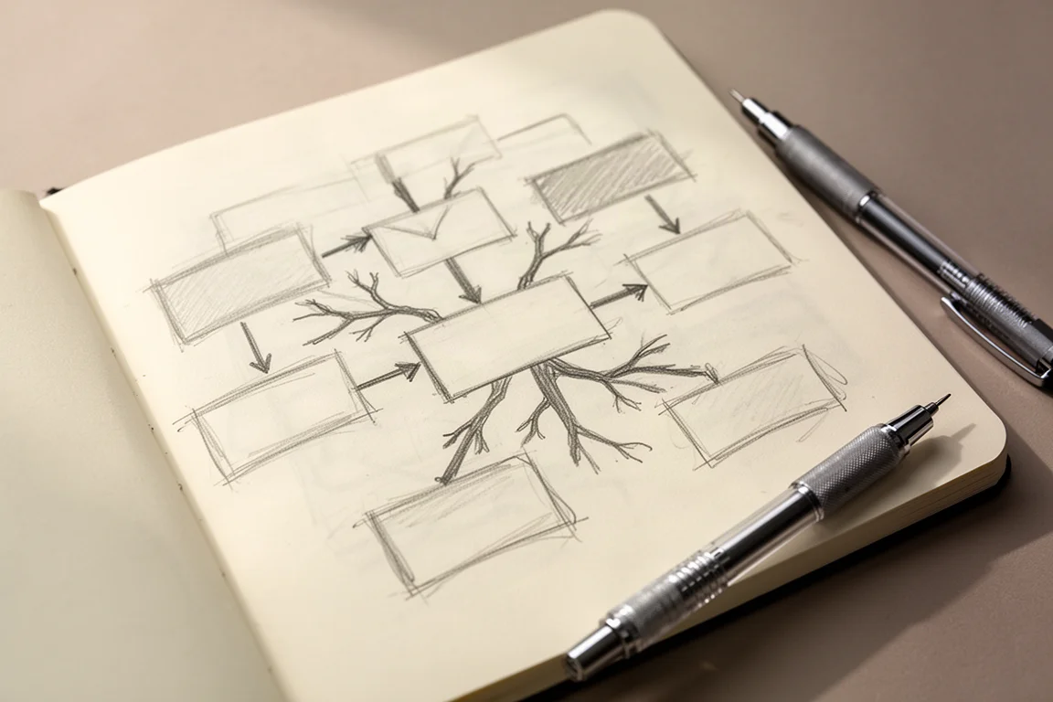 Hand-drawn mind map of connected boxes and arrows in a notebook