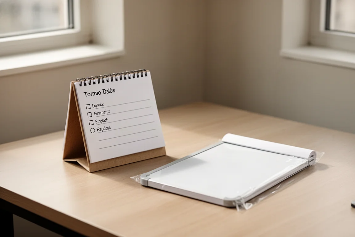 Desk with a memo pad showing a to-do list and a whiteboard notebook nearby