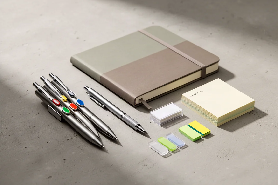 Flat lay of professional stationery including multi pen, notebook, pencil, and memo pads