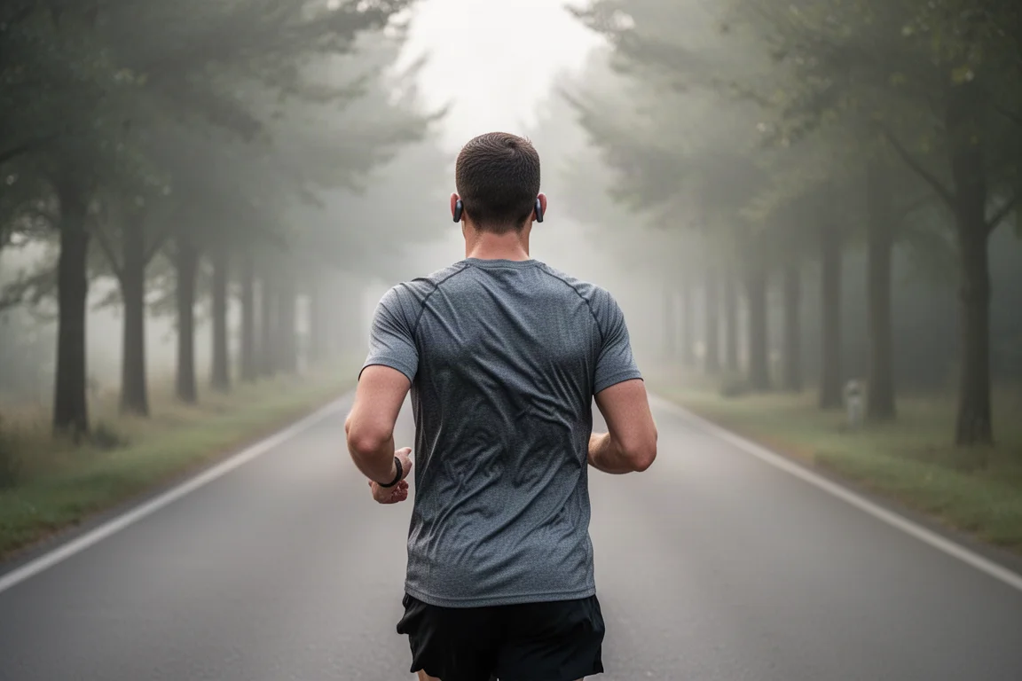Runner wearing true wireless earbuds on a suburban road in soft light