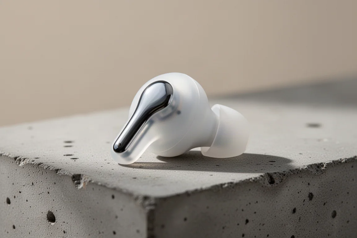 Earbud stem close-up showing touch control surface