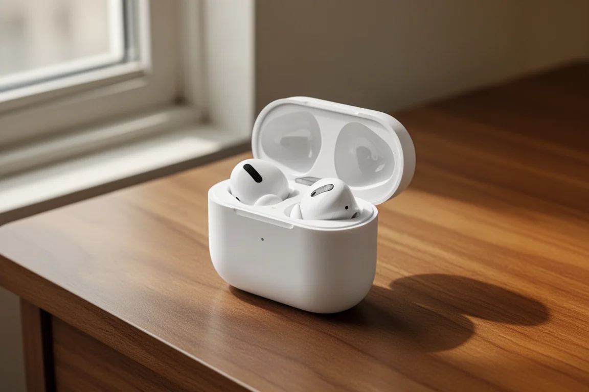 Earbuds charging case sitting open on a wooden desk