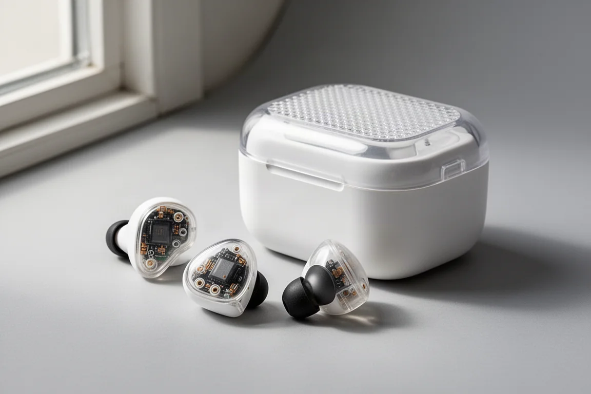 Nothing Ear 1 semi-transparent earbuds beside their white charging case