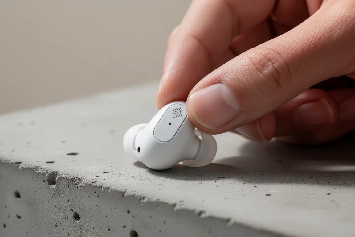 Primer plano de un dedo presionando la tallo de un auricular inalámbrico mostrando la zona de control por presión