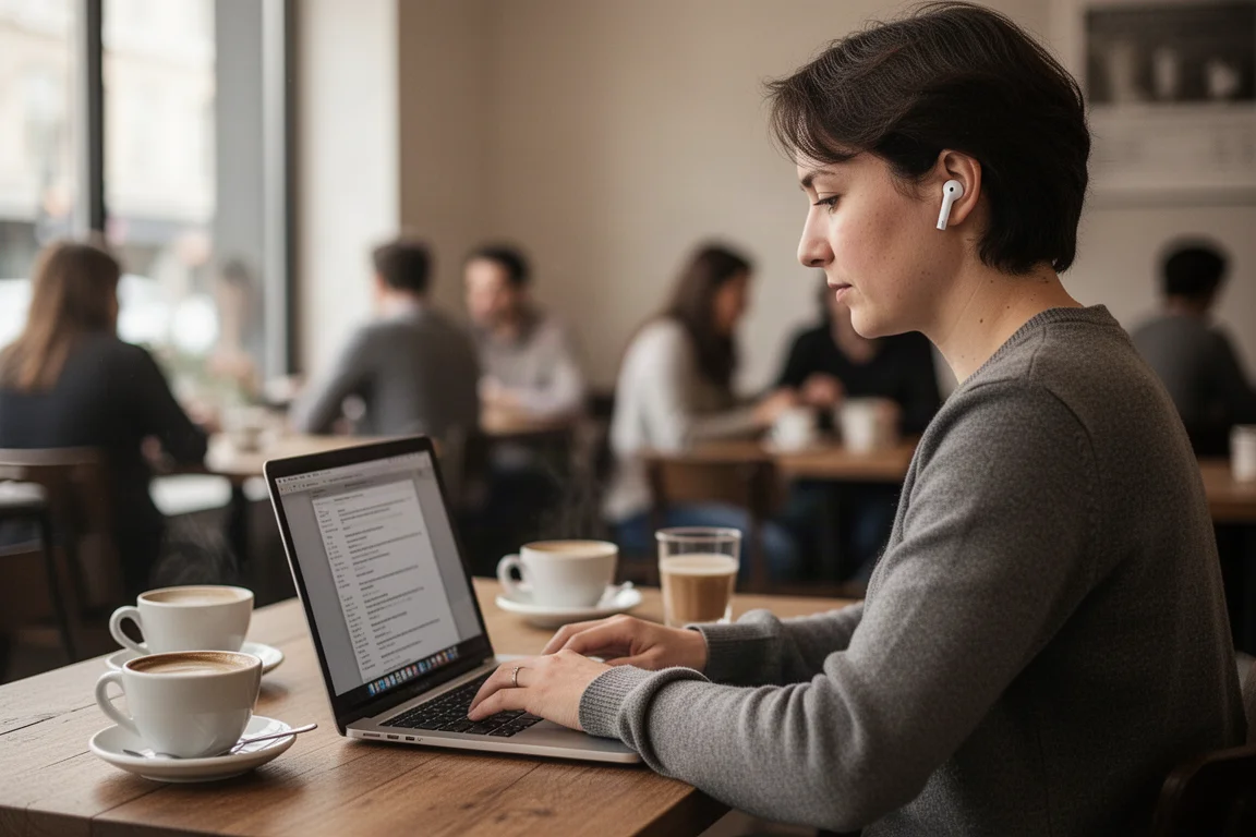 Persona trabajando con un portátil en una cafetería concurrida con auriculares para cancelar el ruido
