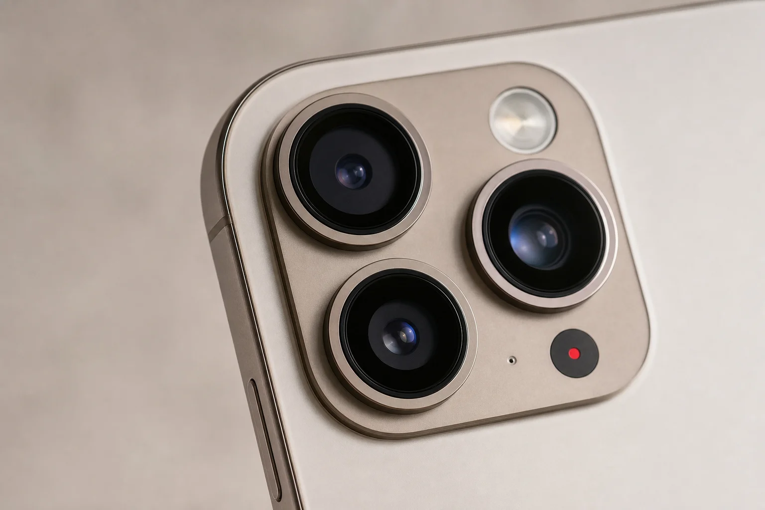 Smartphone camera array with triple lens setup and red recording indicator
