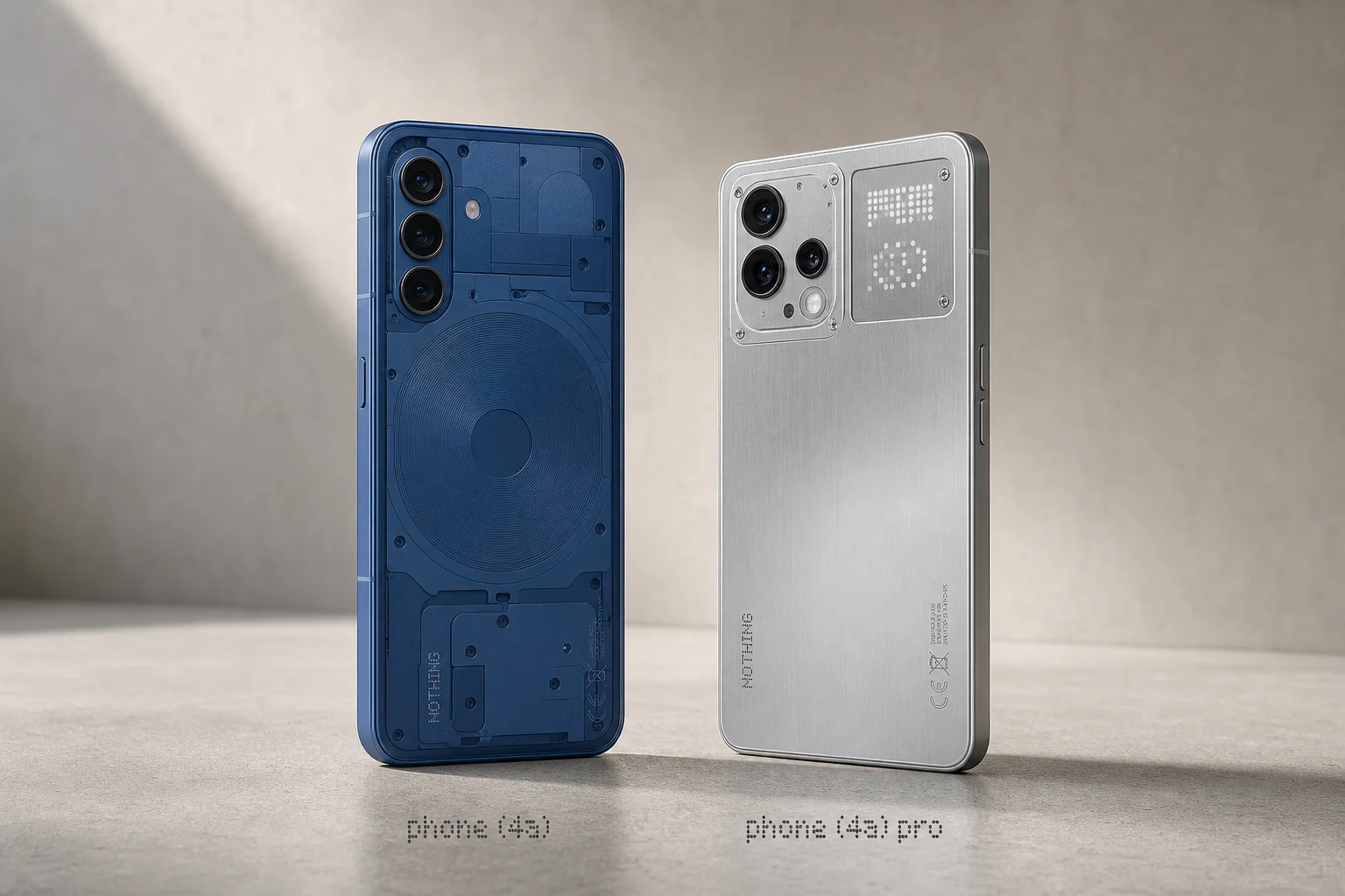 Nothing Phone 4A in blue and 4A Pro in aluminium displayed side by side on concrete