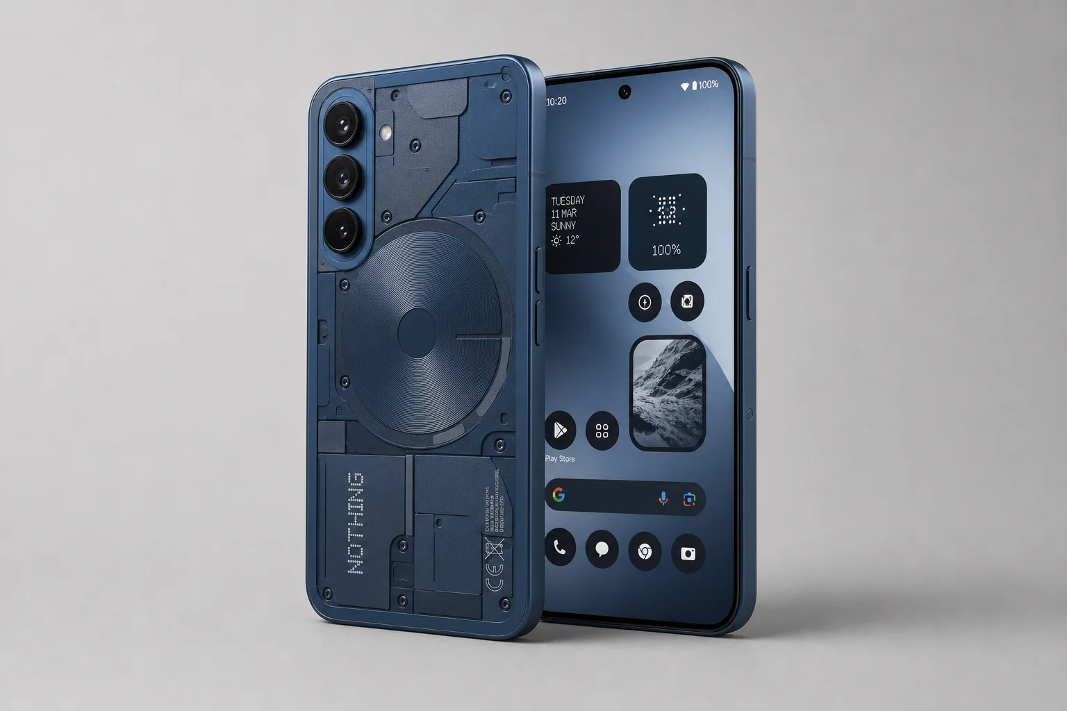 Nothing Phone 4A in blue and 4A Pro in aluminium displayed side by side on concrete