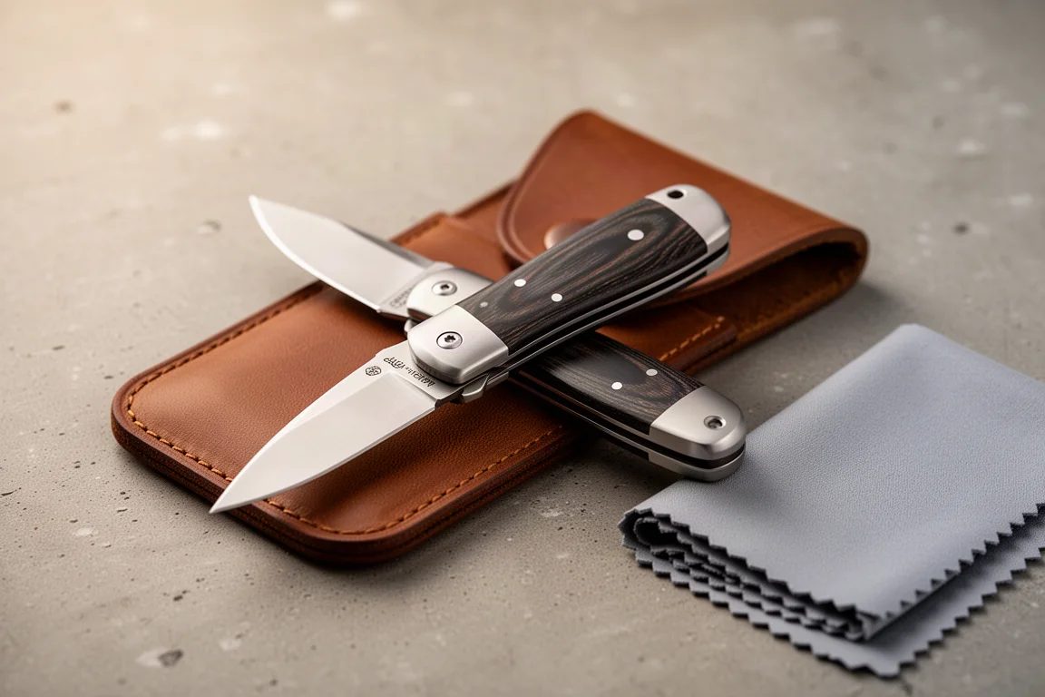 Cuchillo slip joint apoyado sobre una funda de cuero con un paño de microfibra cerca