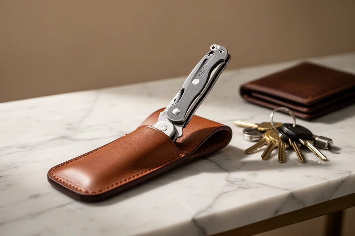 Cuchillo plegable deslizándose en una funda de cuero sobre un escritorio de mármol