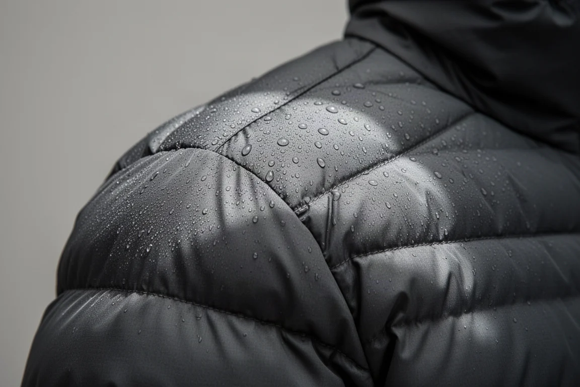 Close-up van gestikte donsjaskamers met water parelend op het nylon oppervlak
