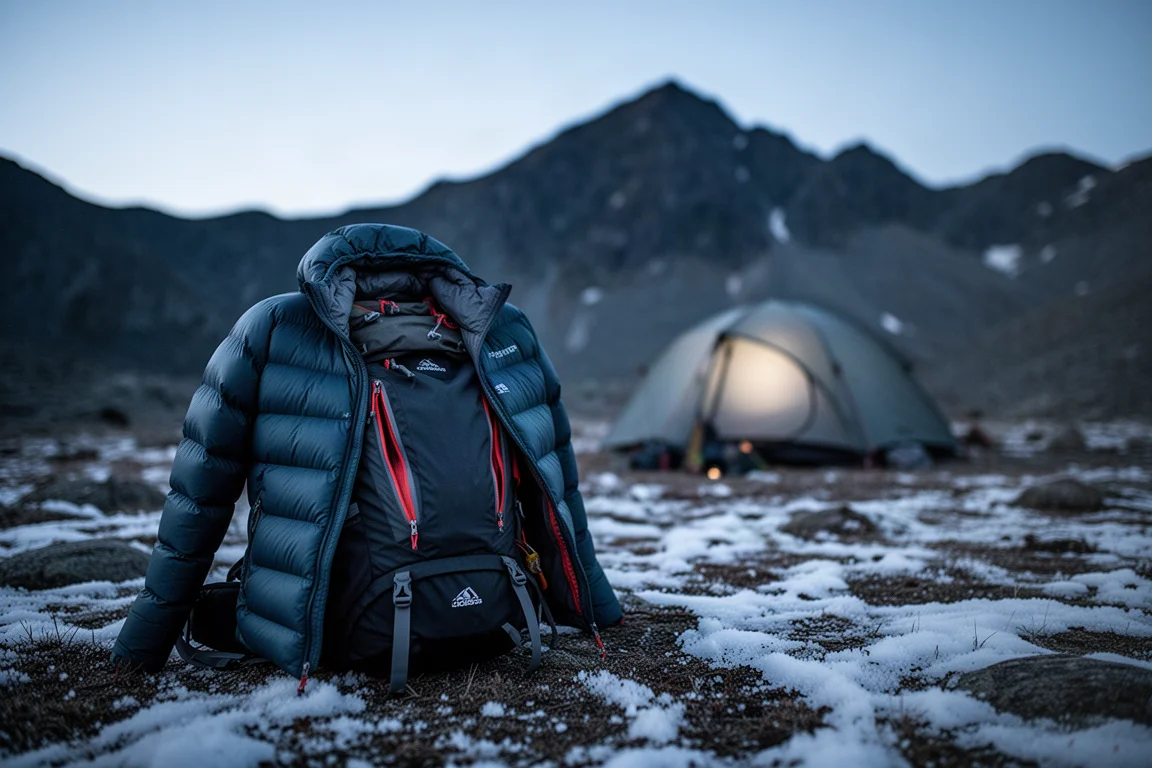 Donsjas over een rugzak gedrapeerd op een met sneeuw bedekt alpenkamp tijdens het blauwe uur