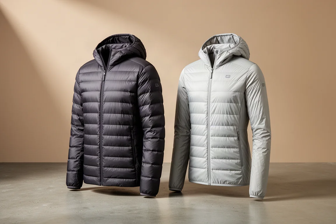 Charcoal and light grey down puffy jackets side by side on a concrete surface