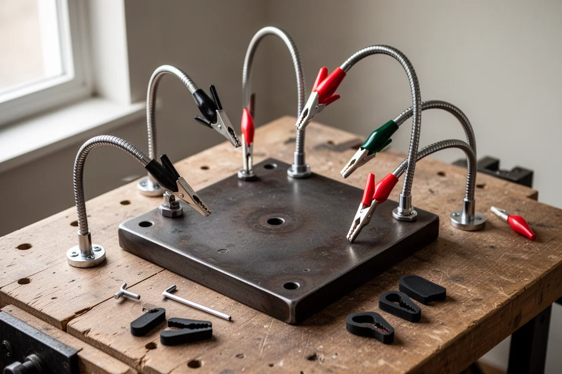 Zware metalen basisplaat met flexibele armen en klemmen op een werkbank
