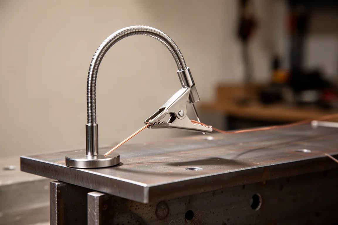 Magnetische flexibele arm met alligatorklem die een dun draadje op een metalen plaat vasthoudt