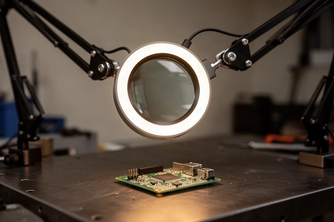 Ronde vergrootglaslens met ingebouwde ringverlichting die een printplaat belicht