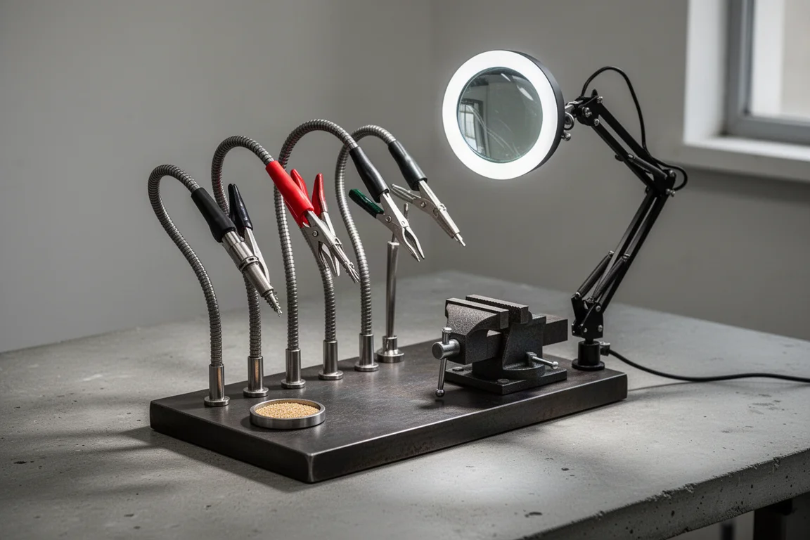 Heavy magnetic soldering station with gooseneck arms, vice, and lighted magnifier on a workbench