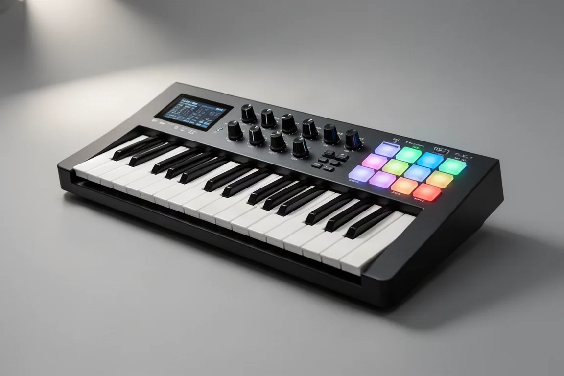 Fyra Novation FLkey 2 MIDI-keyboards i ökande storlek arrangerade på en betongyta