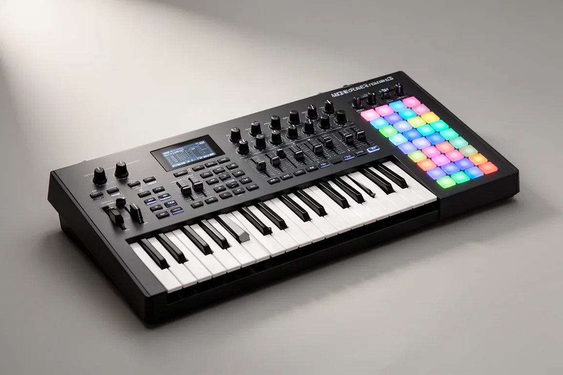 Four Novation FLkey 2 MIDI keyboards of increasing size arranged on a concrete surface