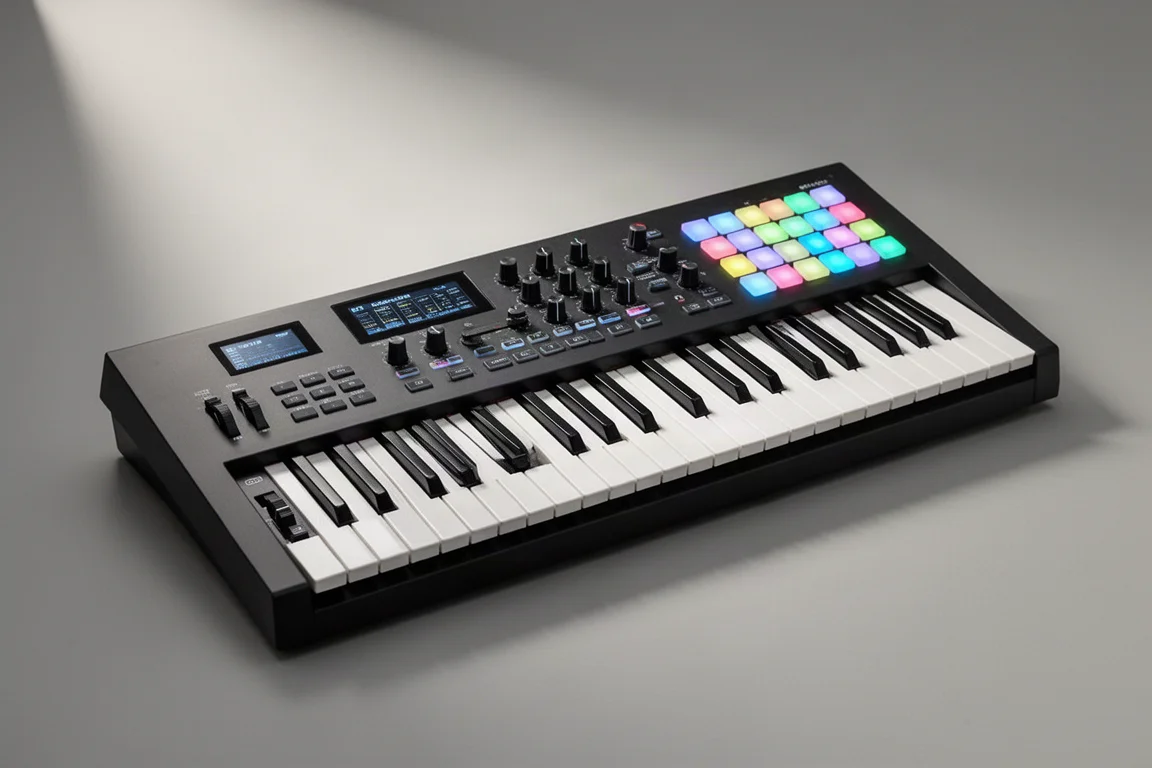 Four Novation FLkey 2 MIDI keyboards of increasing size arranged on a concrete surface