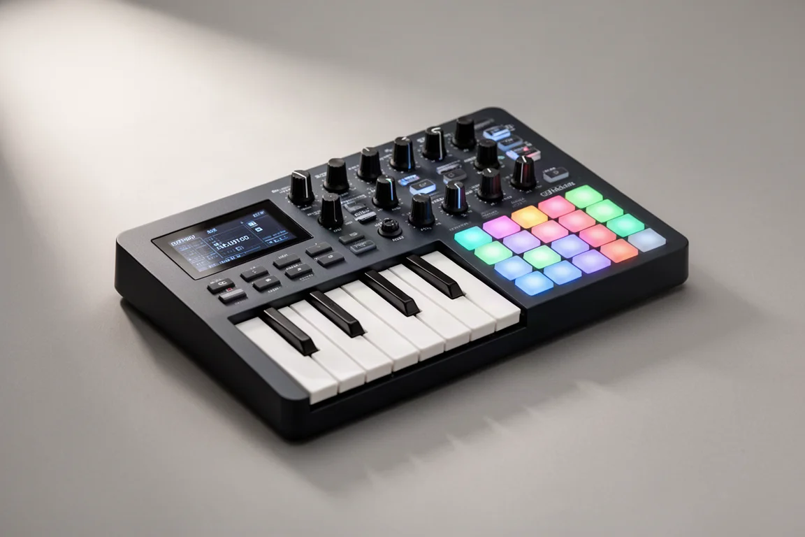 Fyra Novation FLkey 2 MIDI-keyboards i ökande storlek arrangerade på en betongyta