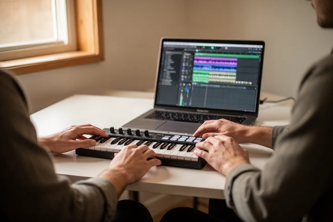 Producent som arbetar vid ett skrivbord med ett kompakt MIDI-keyboard och en laptop