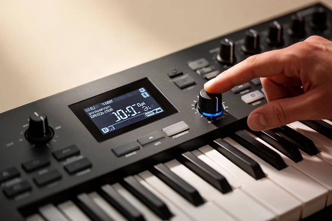 Närbild av en MIDI-keyboards OLED-skärm och oändlig ratt
