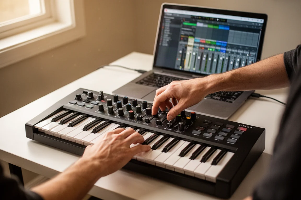 Producent som justerar faders på ett 49-tangenters MIDI-keyboard i en hemmastudio