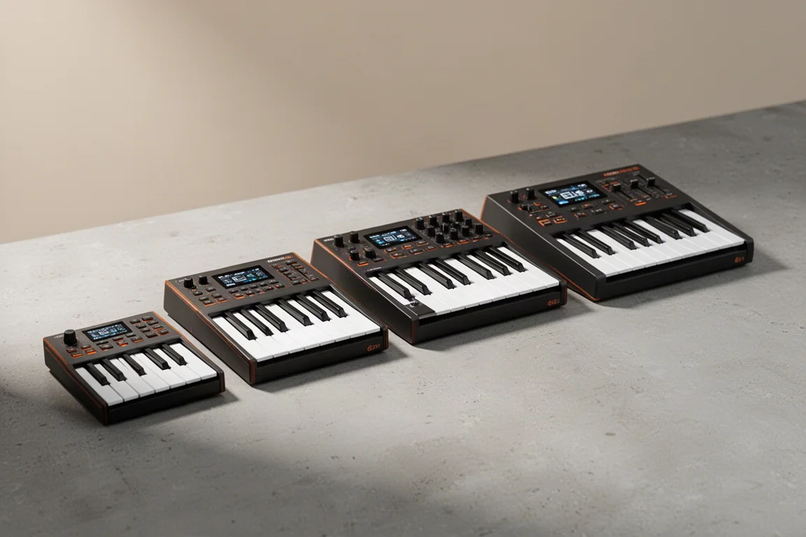 コンクリートの表面にサイズの異なる4台のNovation FLkey 2 MIDIキーボードが並んでいる様子