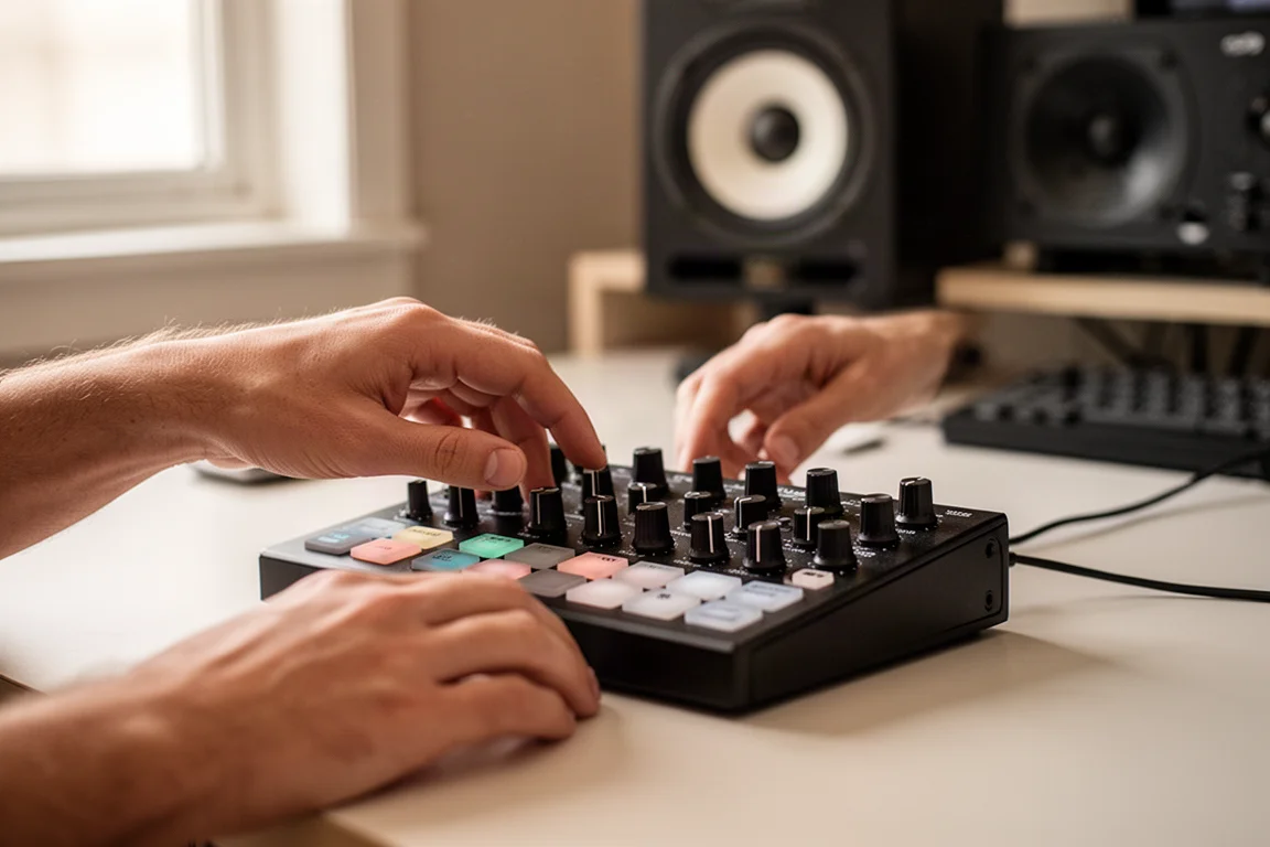 スタジオでMIDIコントローラーのロータリーエンコーダーを調整する音楽プロデューサーの手