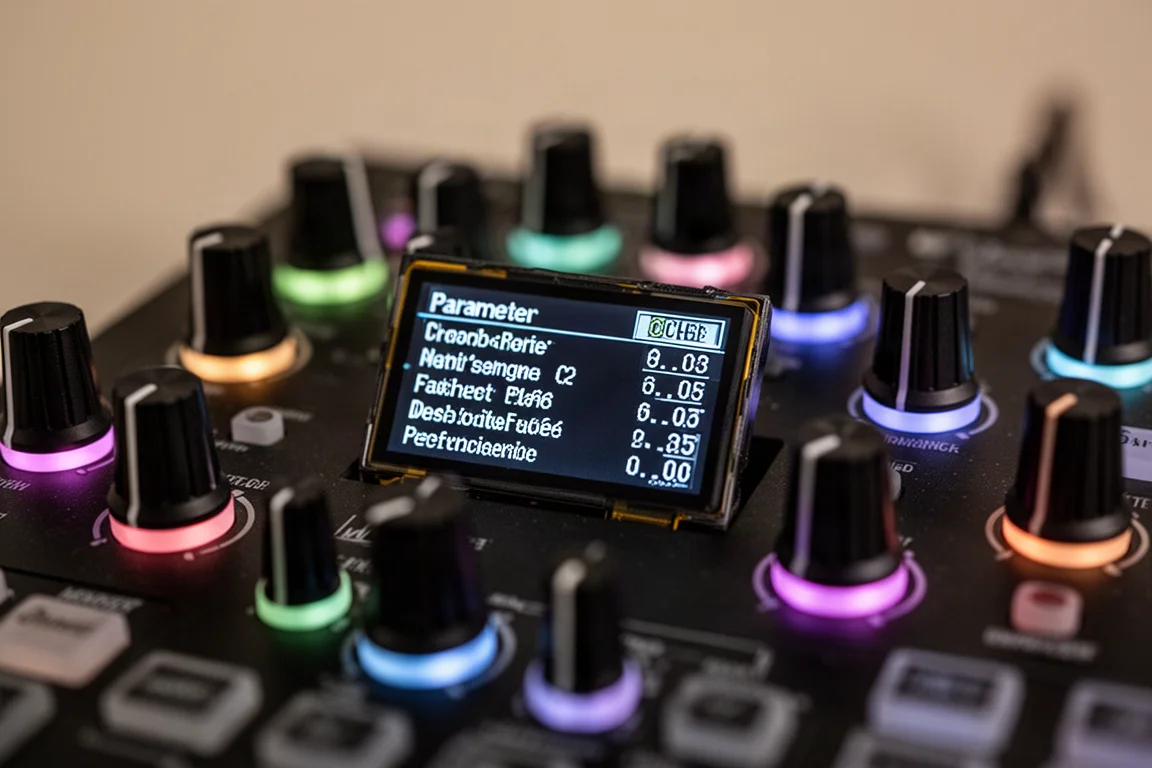 MIDIコントローラーのOLEDスクリーンにパラメーター名と値が表示されているクローズアップ