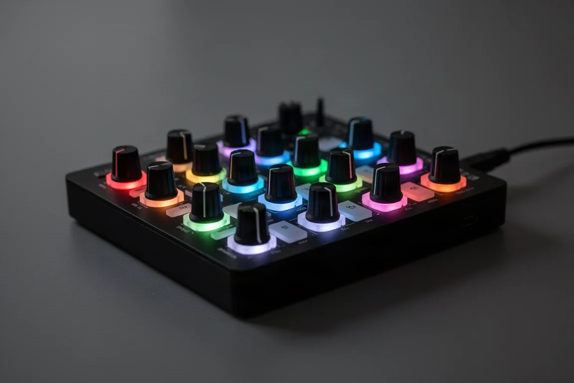 薄暗いスタジオでエンコーダー下のRGB LEDフィードバックが光るMIDIコントローラー
