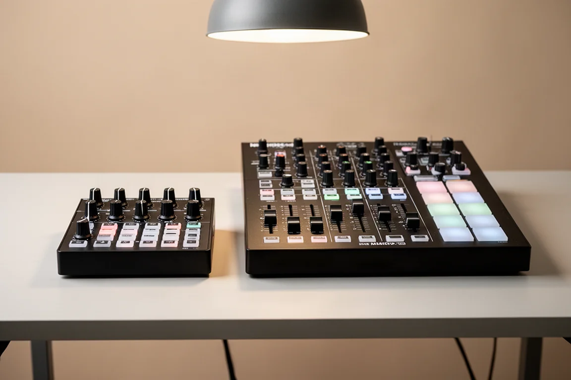 コンパクトなMIDIコントローラーとフェーダー付きの大型コントローラーの並べた比較