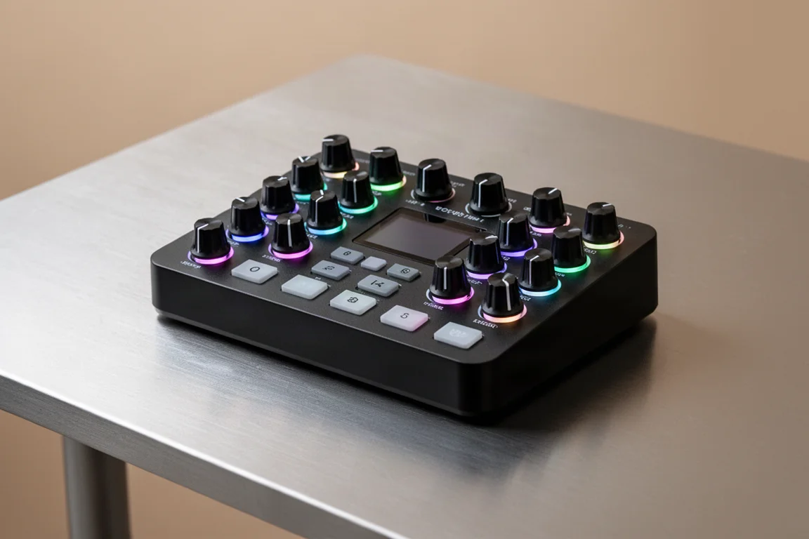 デスクに置かれたロータリーエンコーダーとOLEDスクリーンを備えたNovation Launch Control 3 MIDIコントローラー