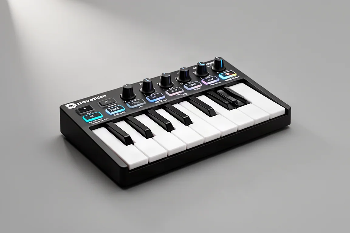 スタジオデスクに並べられた4台のコンパクトなMIDIキーボードコントローラー