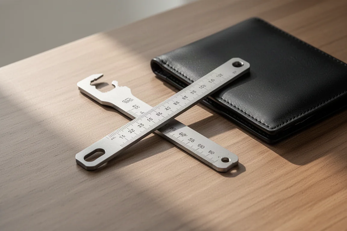 Flat metal EDC tool with etched ruler markings resting on a wooden desk
