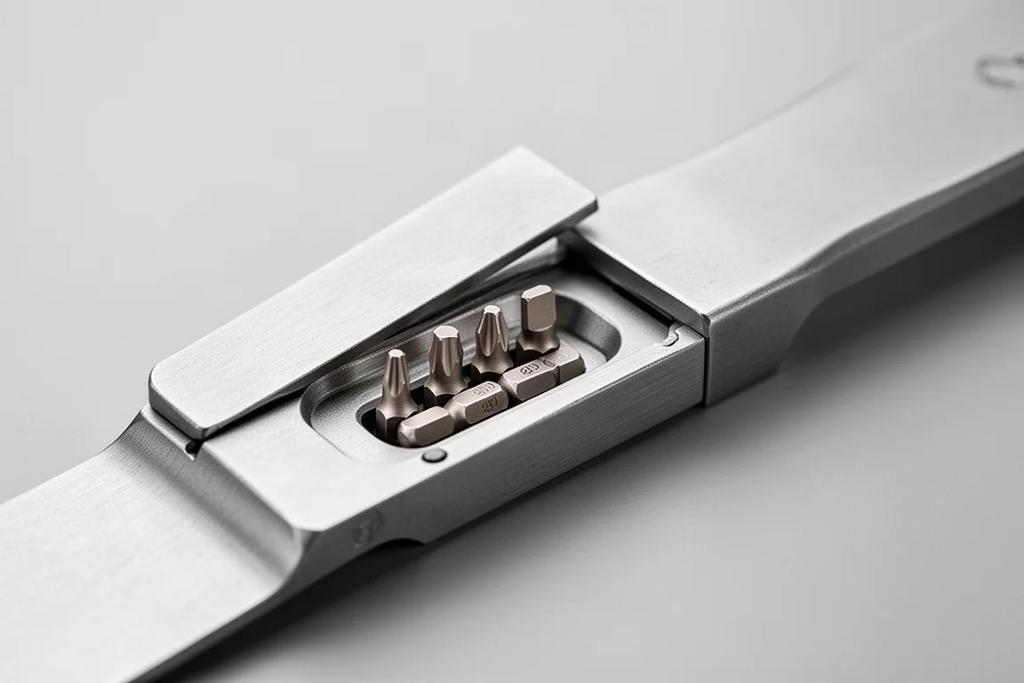 Sliding panel of a metal pry tool partially open revealing three small driver bits