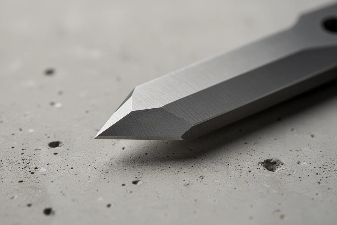 Chamfered thin prying edge of a metal tool catching soft light on a neutral surface