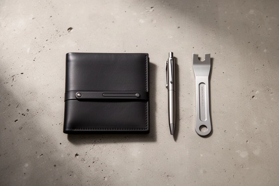 EDC flat-lay with slim wallet, pen, and metal pry tool arranged neatly