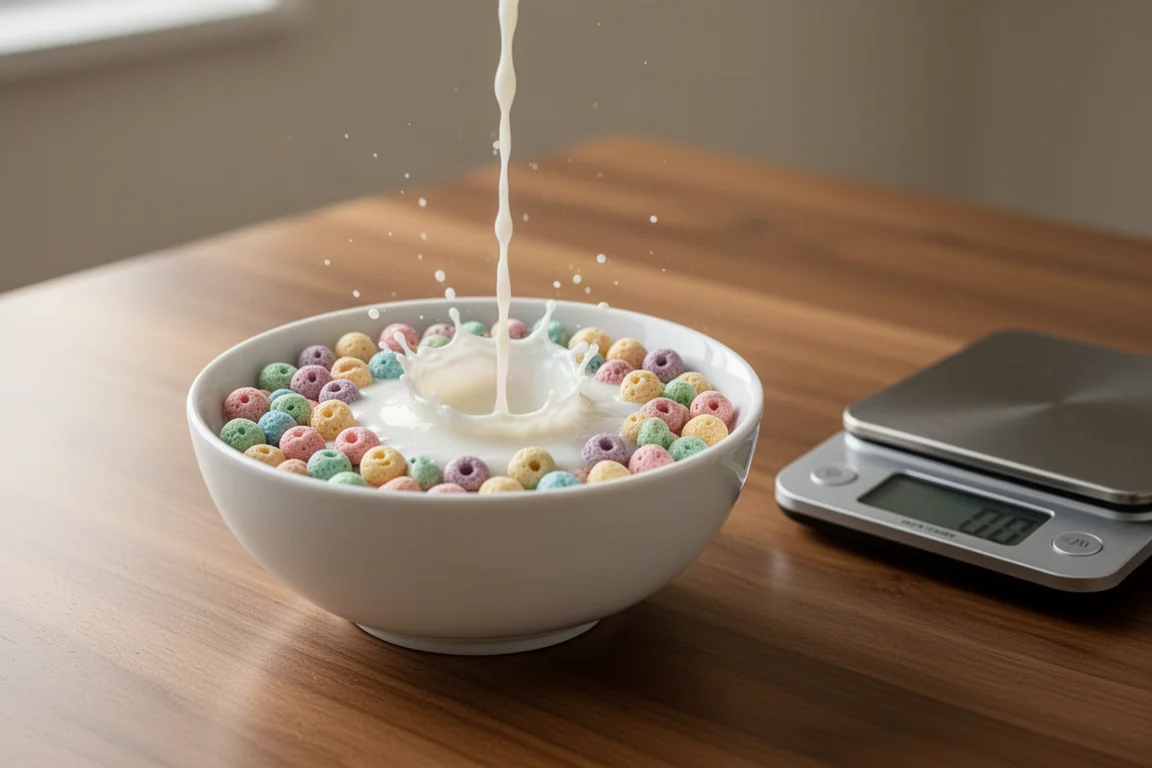 En skål med färggranna runda flingor med mjölk på ett frukostbord i trä