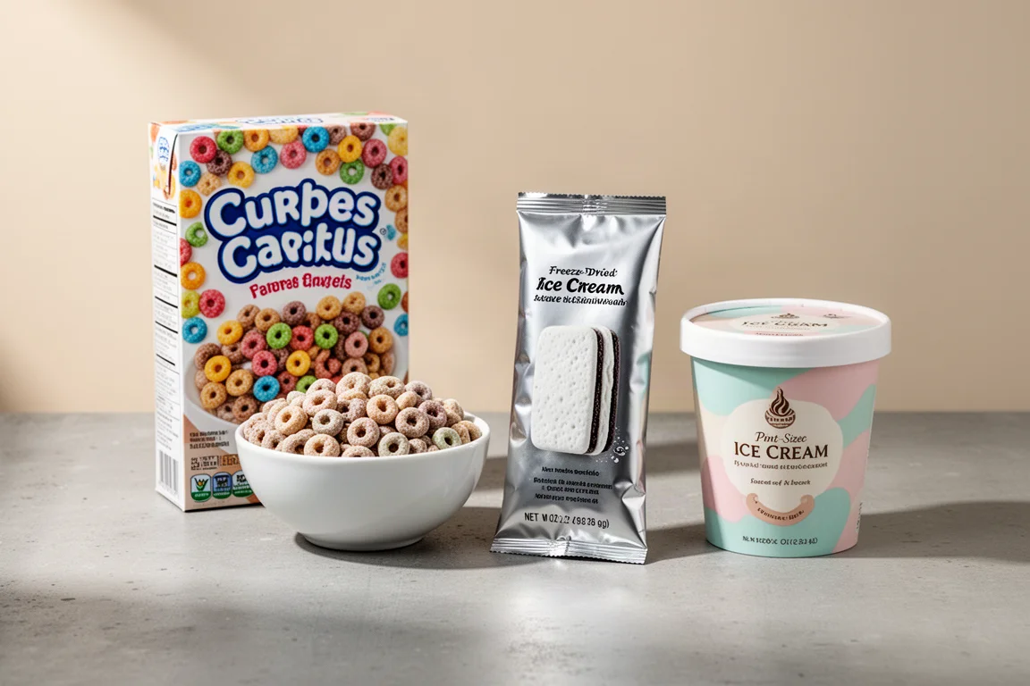 Cereal box, freeze-dried ice cream packet and ice cream tub arranged on a concrete surface