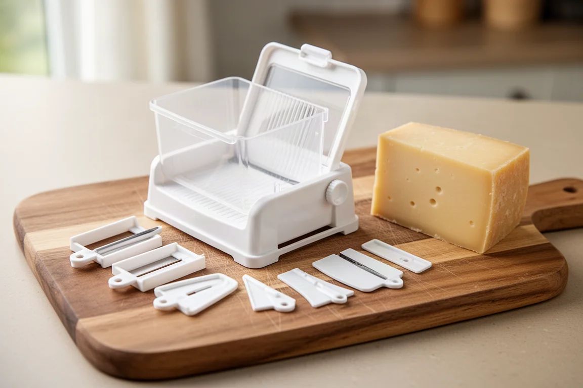 A cheese slicer with storage box resting on a cutting board