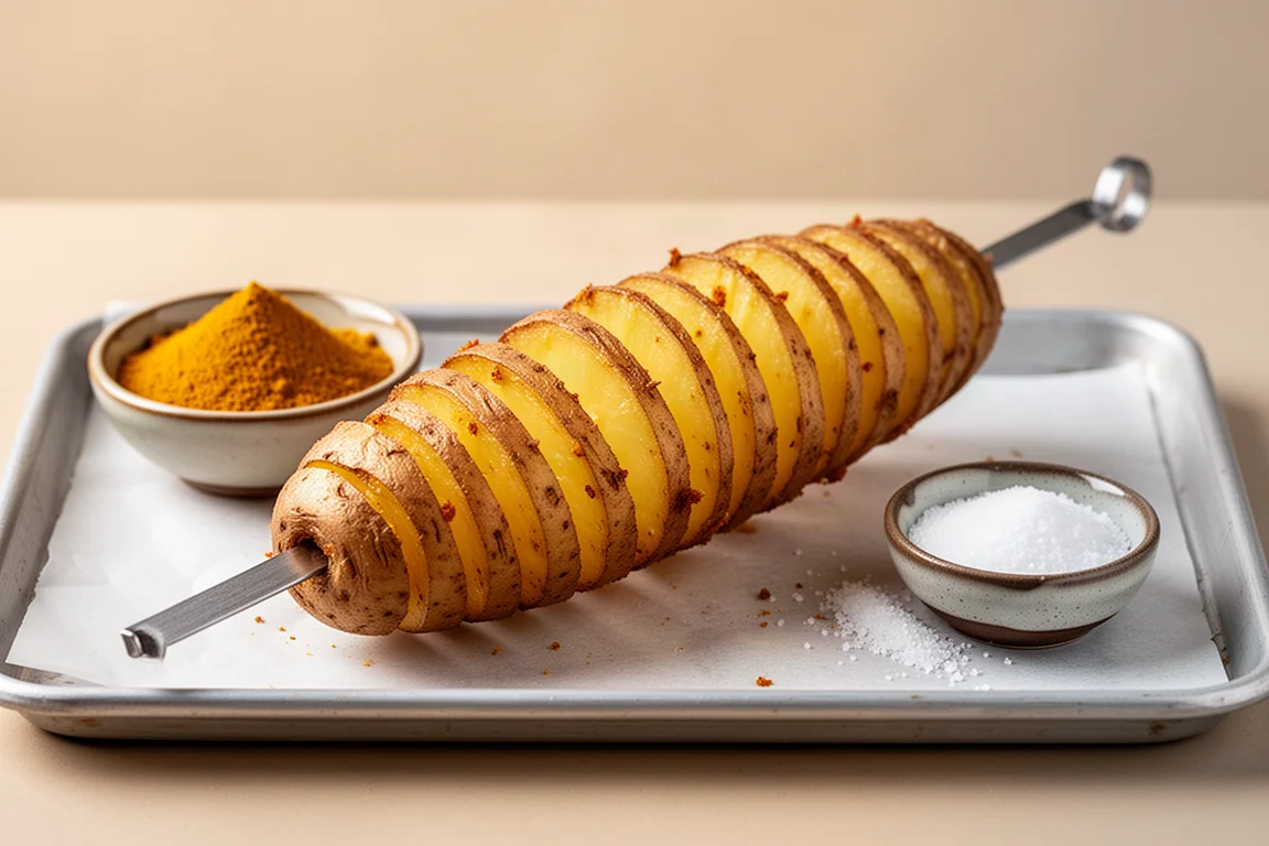 A spiral-cut tornado potato on a skewer fresh from the fryer