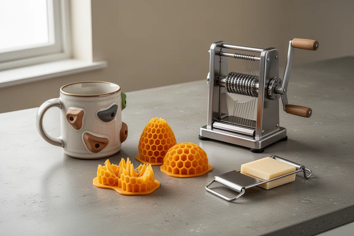Collection of novelty kitchen gadgets on a concrete counter