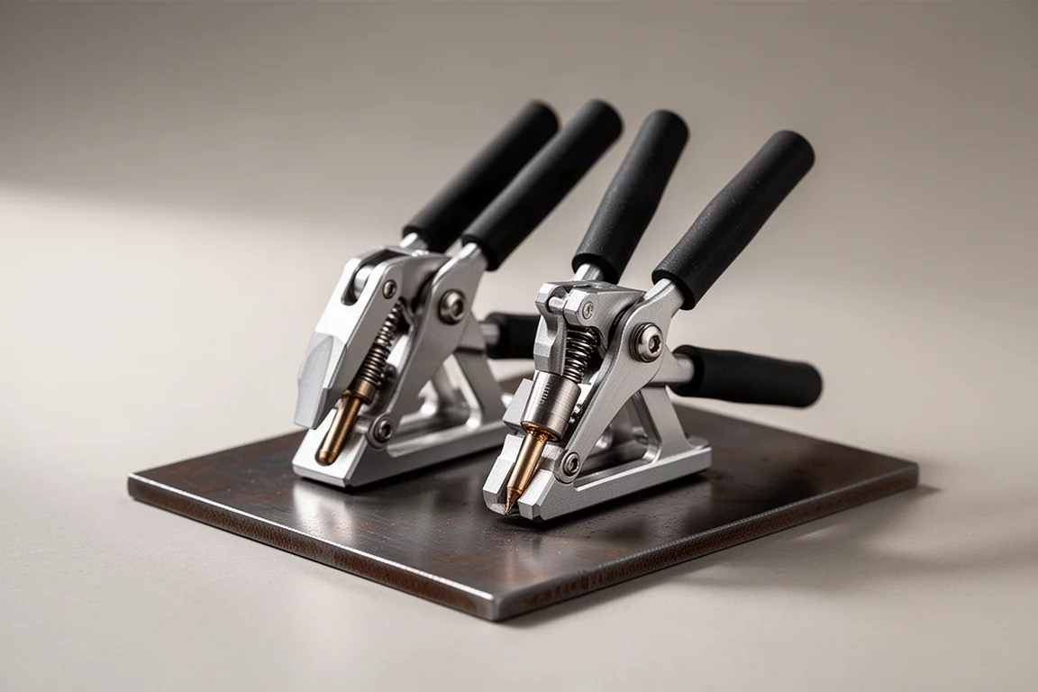Pair of magnetic soldering clamps with rubberized jaws on a steel plate