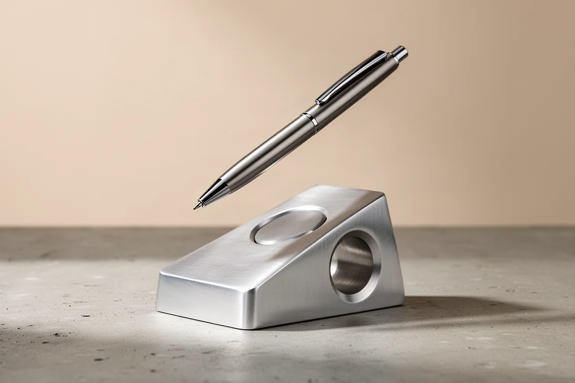 Novium Hover Pen 2.0 in levitazione sopra il suo supporto magnetico su una superficie di cemento